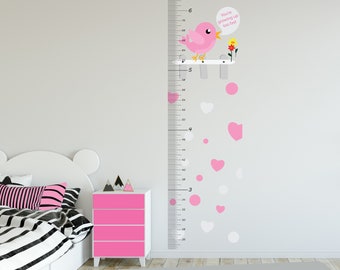 Décalque de mur de diagramme de croissance de fille, autocollant personnalisé de taille, règle de mur pour la chambre de pépinière avec l'oiseau et le coeur