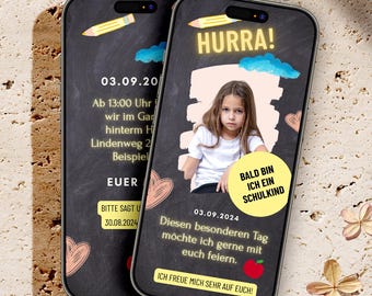 Digitale Einladung Einschulung Mädchen und Junge, Ecard Whatsapp Online Gestalten Animiert, Erster Schultag, Einladungskarten mit Foto
