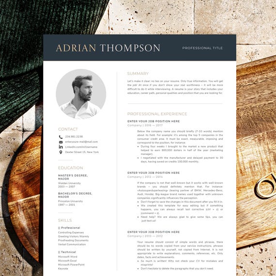 Men's resume template male cv template, Minimalist curriculum vitae design for Word + Pages, Strong resume with summary, skills, experience