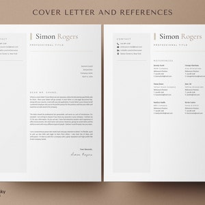 May include: A cover letter and references template for a job application. The document includes contact information, a professional title, and a cover letter with a signature. The references section lists names, titles, companies, and contact information.