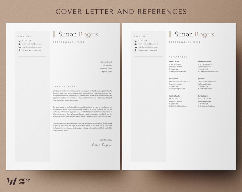 May include: A cover letter and references template for a job application. The document includes contact information, a professional title, and a cover letter with a signature. The references section lists names, titles, companies, and contact information.