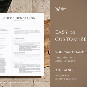 May include: A minimalist resume template with a black and white color scheme. The template includes sections for professional title, summary, education, work experience, and skills. The text "EASY to CUSTOMIZE" and "YOU CAN CHANGE: Text, titles, fonts colors, language. AND ALSO Add, delete or move sections" is displayed on the right side of the image.