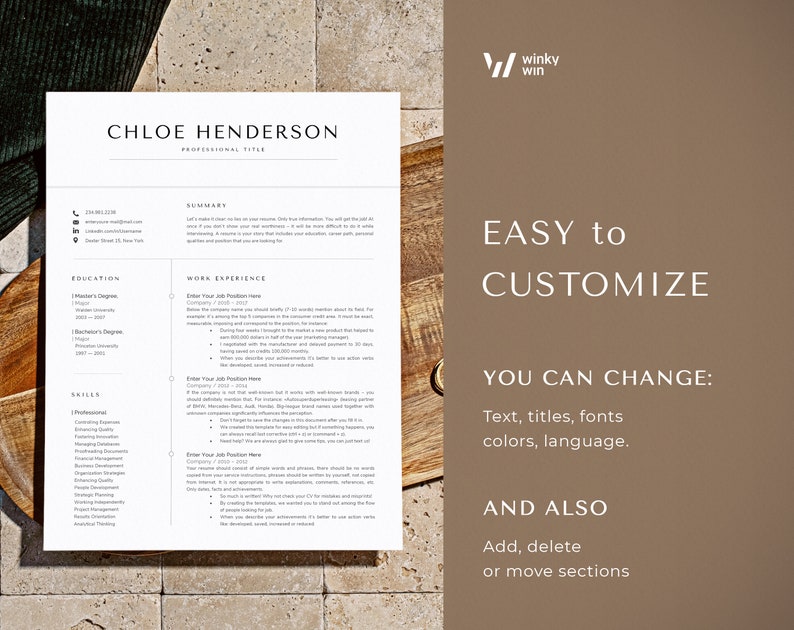 May include: A minimalist resume template with a black and white color scheme. The template includes sections for professional title, summary, education, work experience, and skills. The text "EASY to CUSTOMIZE" and "YOU CAN CHANGE: Text, titles, fonts colors, language. AND ALSO Add, delete or move sections" is displayed on the right side of the image.