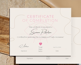 Certificat de finition de cils, modèle de certificat de finition de cils, modèle de cours pour artiste de cils, certificat d'extension de cils, technologie de cils