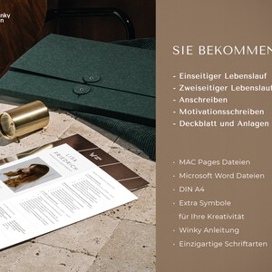 May include: A resume template with the name "Lisa Friedrich" printed on a white sheet of paper. A dark green folder with two button closures is behind the paper. A gold-colored cylindrical object is on the left. The text "SIE BEKOMMEN" is visible.