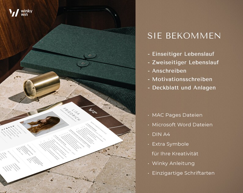 May include: A resume template with the name "Lisa Friedrich" printed on a white sheet of paper. A dark green folder with two button closures is behind the paper. A gold-colored cylindrical object is on the left. The text "SIE BEKOMMEN" is visible.