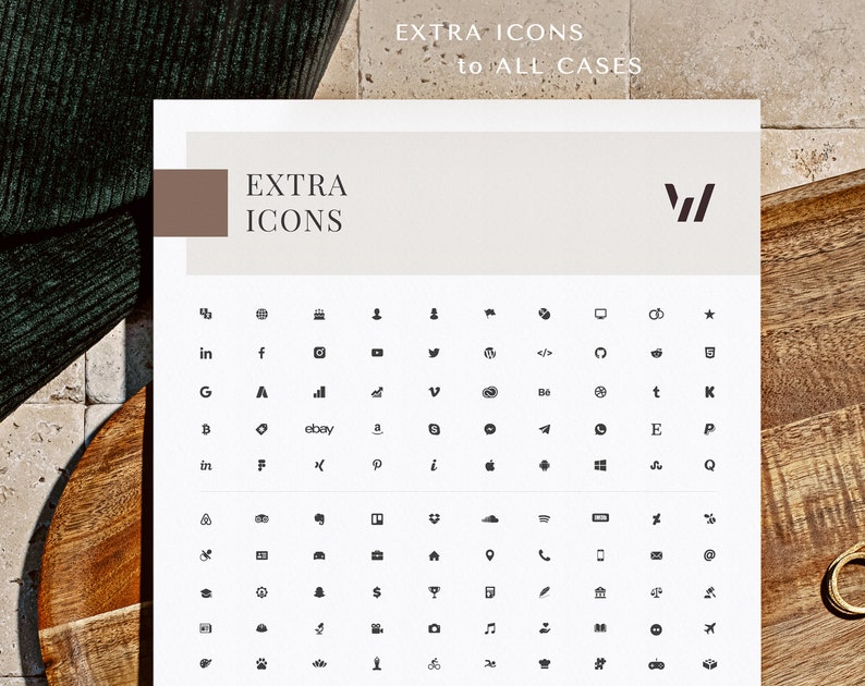 May include: A white sheet of paper with a grid of black icons representing social media platforms, websites, and other symbols. The text "EXTRA ICONS to ALL CASES" is at the top of the page.