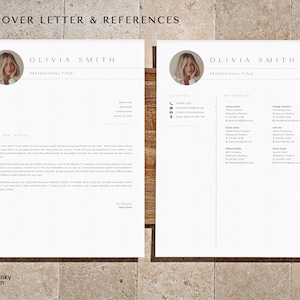 May include: Two-page resume template with the text "COVER LETTER & REFERENCES" at the top. The left page is a cover letter, and the right page lists references. The name "OLIVIA SMITH" is prominently displayed at the top of each page.