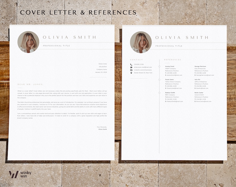 May include: Two-page resume template with the text "COVER LETTER & REFERENCES" at the top. The left page is a cover letter, and the right page lists references. The name "OLIVIA SMITH" is prominently displayed at the top of each page.