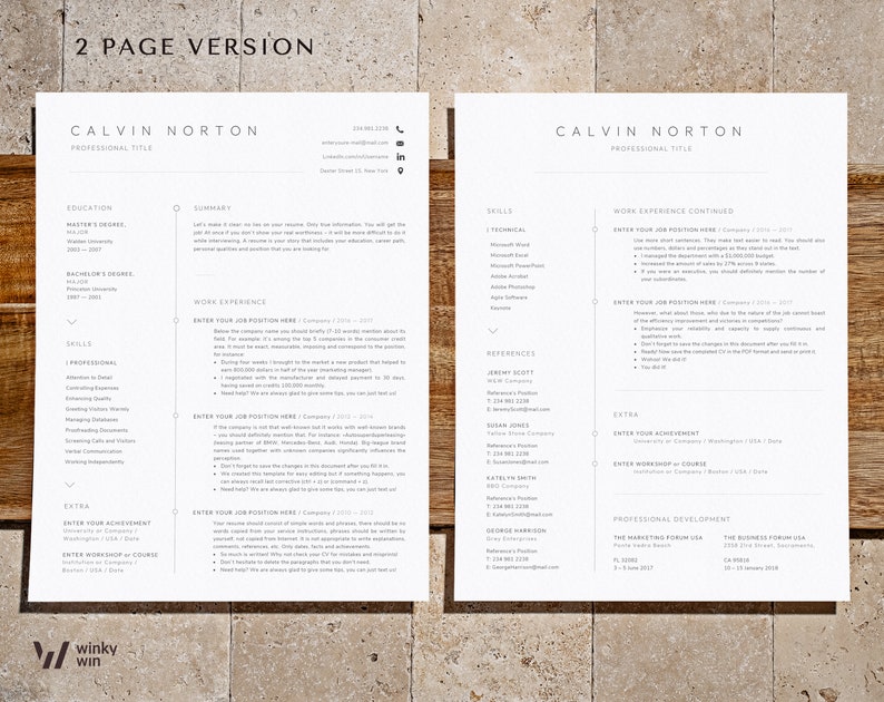 May include: A two-page resume template with a minimalist design. The resume is for Calvin Norton, who lists their professional title, education, work experience, skills, and references. The resume includes a section for extra achievements and professional development.
