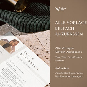 May include: A white resume template with a photo of a man in a suit and glasses. The text on the resume reads "Elias Friedrich, Personalreferent". The text "Alle Vorlagen Einfach Anzupassen" is in a brown box at the top of the image.