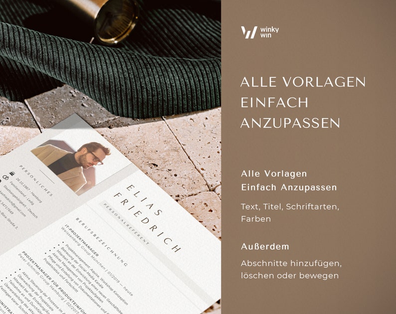 May include: A white resume template with a photo of a man in a suit and glasses. The text on the resume reads "Elias Friedrich, Personalreferent". The text "Alle Vorlagen Einfach Anzupassen" is in a brown box at the top of the image.