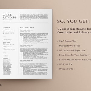 May include: A resume template with a black and white design. The text "SO, YOU GET!" is in a large font at the top of the page. The text below lists the features included in the template, such as 1, 2, and 3 page resume templates, cover letter and references, MAC Pages files, Microsoft Word files, US Letter & A4 paper size, extra icons for your creativity, 5 rules how to find a new job, a Winky Guide, and unique fonts.