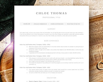 Könnte beinhalten: Eine schwarz-weiße Lebenslaufvorlage mit dem Titel "Chloe Thomas" und der Überschrift "Beruflicher Titel". Der Lebenslauf enthält Abschnitte für "Zusammenfassung", "Berufserfahrung" und "Ausbildung".