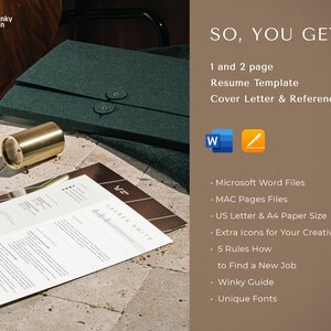May include: A brown background with the text "SO, YOU GET!" in white. Below the text is a list of features included in a resume template package: 1 and 2 page resume template, cover letter and references, Microsoft Word files, MAC Pages files, US Letter & A4 paper size, extra icons for creativity, 5 rules how to find a new job, Winky Guide, and unique fonts.