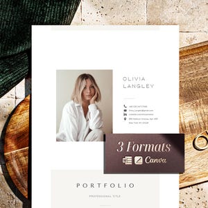 Può includere: Un modello di curriculum professionale con il ritratto di una persona in camicia bianca, i contatti di Olivia Langley e un riquadro marrone scuro con il testo 3 Formats e le icone di Word e Canva per la modifica.