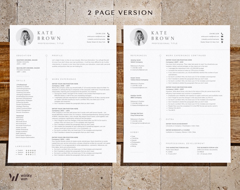 May include: A two-page resume template with a professional design. The resume includes sections for education, work experience, skills, languages, references, and hobbies. The resume is formatted in a clean and modern style.