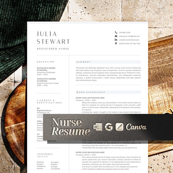 Nursing Resume Template, Registered Nurse Resume Template RN, CNA, Word & Pages, Physician Assistant Resume for Nurse, New Grad Nurse CV