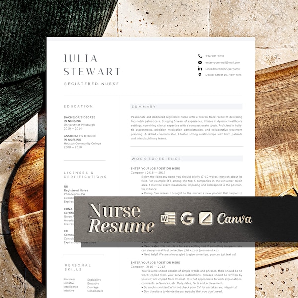Nursing Resume Template, Registered Nurse Resume Template RN, CNA, Word & Pages, Physician Assistant Resume for Nurse, New Grad Nurse CV