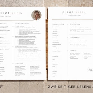May include: A two-page resume in black and white with a photo of a woman in the top left corner. The resume is titled "Chloe Klein, Personalreferent" and includes sections for personal information, qualifications, work experience, education, and hobbies. The resume is written in German.