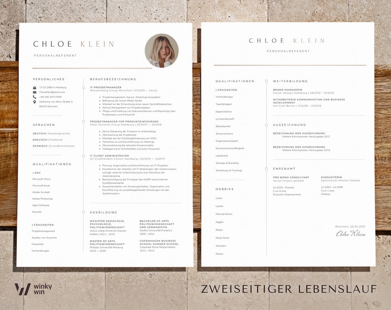 May include: A two-page resume in black and white with a photo of a woman in the top left corner. The resume is titled "Chloe Klein, Personalreferent" and includes sections for personal information, qualifications, work experience, education, and hobbies. The resume is written in German.