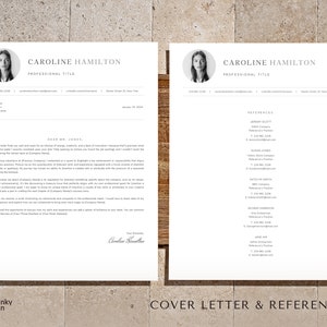 May include: A black and white cover letter and references page with a professional headshot of Caroline Hamilton. The cover letter is addressed to Mr. Jones and the references page lists four individuals with their contact information.