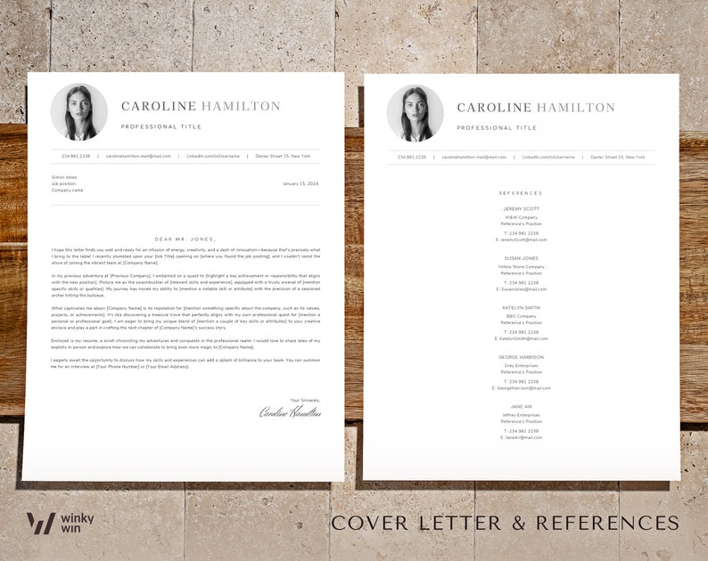 May include: A black and white cover letter and references page with a professional headshot of Caroline Hamilton. The cover letter is addressed to Mr. Jones and the references page lists four individuals with their contact information.