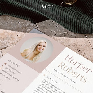 May include: A resume template featuring a circular headshot of a blonde person, the name Harper Roberts, a professional title section, contact details including an email and phone number, and an education section on a light beige background.