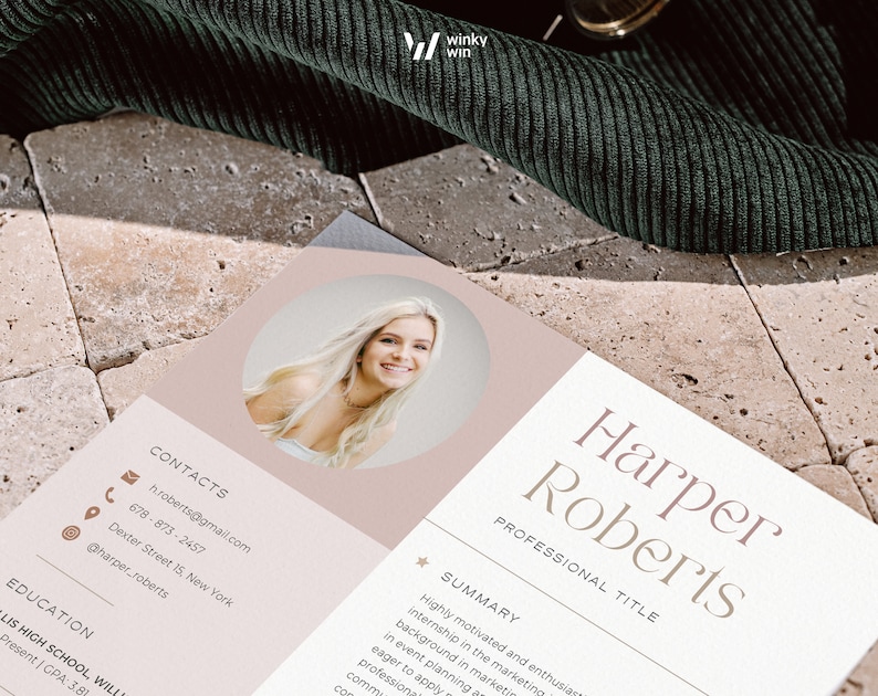 May include: A resume template featuring a circular headshot of a blonde person, the name Harper Roberts, a professional title section, contact details including an email and phone number, and an education section on a light beige background.