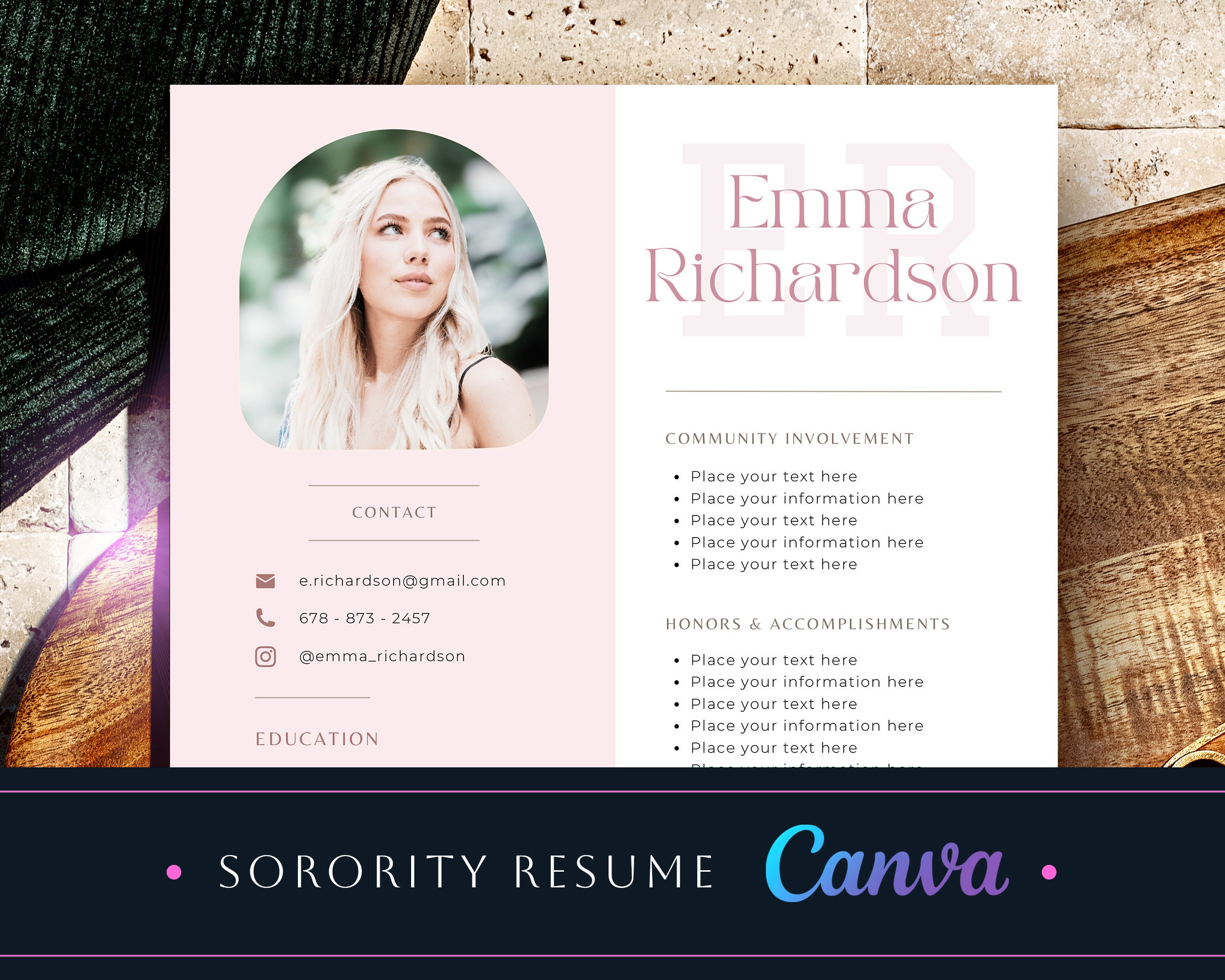 Monogram Pink Sorority or High School Resume Template Rush Resume and Cover Letter Template, Easy to edit Customize, Canva Resume with Photo