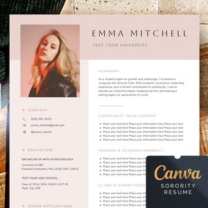 Sorority Resume Template with Picture, Rush resume template with Photo, Canva Resume Sorority Recruitment, Social resume sorority with image