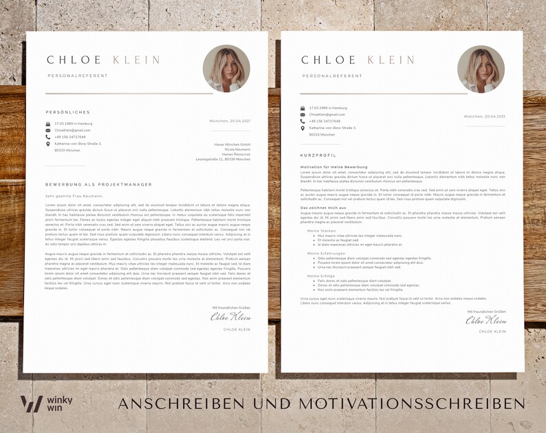 May include: A resume template with a professional design. The resume is for Chloe Klein, who is applying for a project manager position. The resume includes personal information, a summary of qualifications, and work experience.