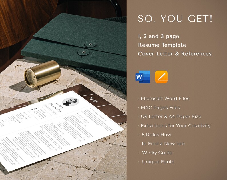 Pu&ograve; includere: Un modello di curriculum vitae in formato Word. Il modello include una lettera di presentazione e referenze. Il modello &egrave; disponibile nei formati US Letter e A4. Il modello include icone aggiuntive per la creativit&agrave;, 5 regole per trovare un nuovo lavoro, una guida Winky e caratteri unici.