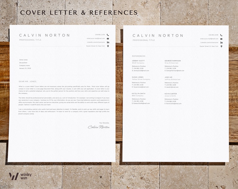 May include: A black and white cover letter and references page with the name Calvin Norton at the top. The cover letter is addressed to Mr. Jones and the references page lists five people with their contact information.