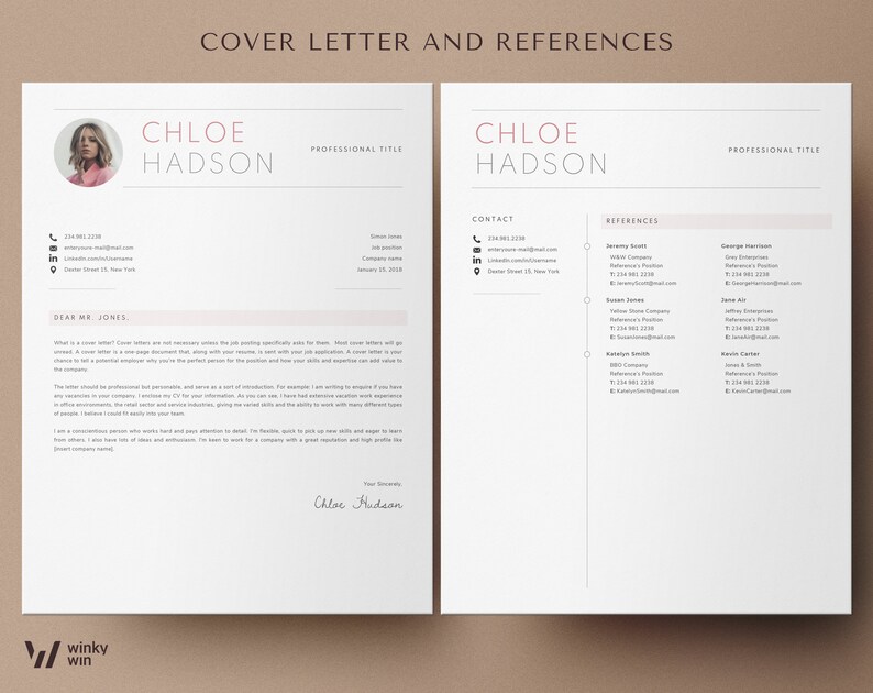 Op de afbeelding: Een sjabloon voor een sollicitatiebrief en referenties met een roze en grijs kleurenschema. Het sjabloon bevat een contactgedeelte met een telefoonnummer, e-mailadres en adres. Het referentiegedeelte bevat een lijst met namen, titels, bedrijven, telefoonnummers en e-mailadressen.