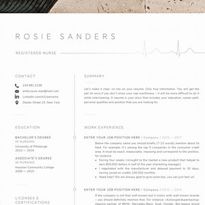 May include: A resume template with a gray and white color scheme. The resume is for a registered nurse named Rosie Sanders. The resume includes contact information, education, work experience, and licenses and certifications. The resume also includes a summary section with a quote about the importance of honesty and authenticity on a resume.