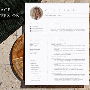 May include: A one-page resume template with the text "1 PAGE VERSION" at the top left. The resume includes sections for contact information, summary, education, work experience, and skills. The name "OLIVIA SMITH" is prominently displayed.