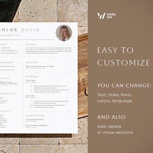 Pode incluir: Um modelo de curr&iacute;culo com o nome "Chloe Davis" no topo. O curr&iacute;culo inclui se&ccedil;&otilde;es para informa&ccedil;&otilde;es de contato, educa&ccedil;&atilde;o, experi&ecirc;ncia e habilidades. O texto "Easy to Customize" &eacute; exibido no lado direito da imagem.