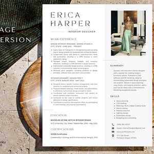 May include: A professional resume template for an interior designer, featuring the name "Erica Harper" and a photo. The resume includes sections for work experience, education, certifications, and skills, with contact information at the bottom.