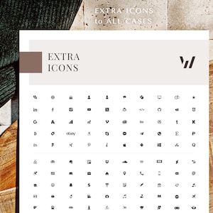 May include: A white sheet of paper with the text "EXTRA ICONS to ALL CASES" at the top. The paper is divided into a grid of 6x8 squares, each containing a black icon. The icons include social media logos, symbols, and other common icons.