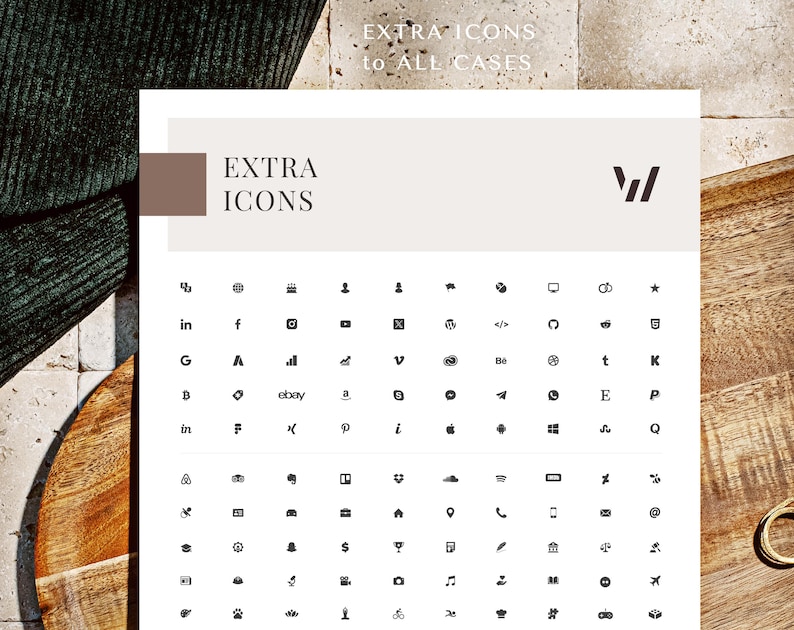 May include: A white sheet of paper with the text "EXTRA ICONS to ALL CASES" at the top. The paper is divided into a grid of 6x8 squares, each containing a black icon. The icons include social media logos, symbols, and other common icons.