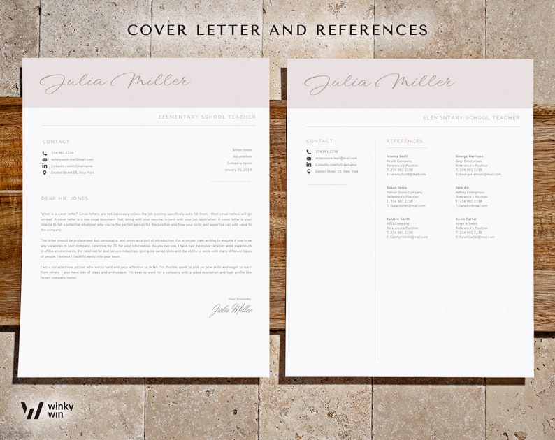 May include: A cover letter and references page for Julia Miller, an elementary school teacher. The document includes contact information, a cover letter, and a list of references with their contact information.
