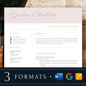Pink Teacher Resume Template Google Docs, Word, 3 Page Professional Elementary Teacher Resume Middle, Preschool, Education Editable Resume