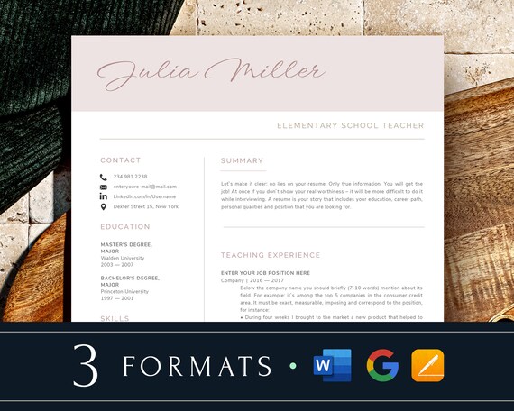 Pink Teacher Resume Template Google Docs, Word, 3 Page Professional Elementary Teacher Resume Middle, Preschool, Education Editable Resume