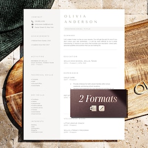 May include: A resume template with the name Olivia Anderson at the top. The resume includes sections for contact information, achievements, activities, technical skills, key skills, interests, education, experience, and volunteer work. The resume is on a white background.