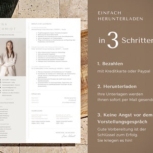 May include: A resume template with a photo of a woman, featuring sections for professional experience, skills, and education. The design includes the text "LENA SCHMIDT" and "BERUFSBEZEICHNUNG". Instructions are provided in German: "EINFACH HERUNTERLADEN in 3 Schritten".