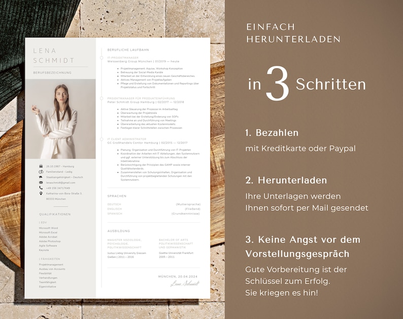 May include: A resume template with a photo of a woman, featuring sections for professional experience, skills, and education. The design includes the text "LENA SCHMIDT" and "BERUFSBEZEICHNUNG". Instructions are provided in German: "EINFACH HERUNTERLADEN in 3 Schritten".