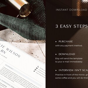 May include: A resume template for a registered nurse named Kate Wilson, featuring sections for education, summary, and clinical experience. The right side displays text instructions: Instant Download, 3 Easy Steps, Purchase, Download, and Interview Isn't Scary.