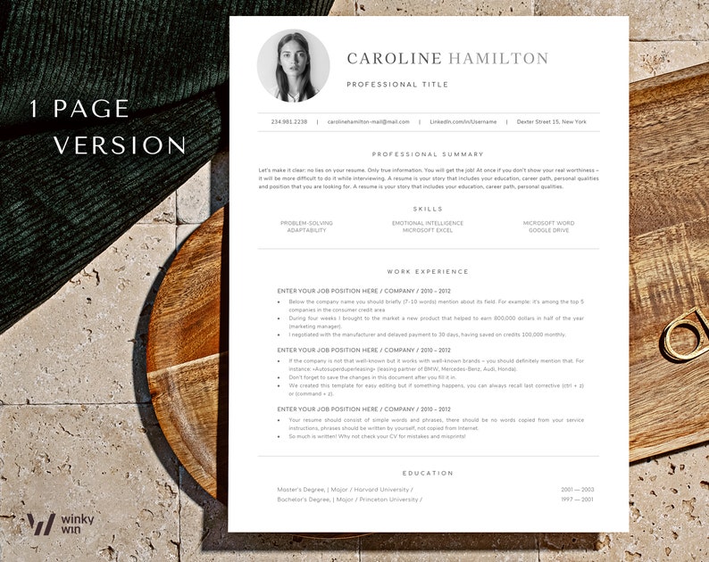 May include: A one-page resume template with a professional design. The resume includes sections for professional title, professional summary, skills, work experience, and education. The template is designed to help job seekers create a visually appealing and informative resume.