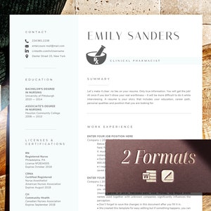 May include: A resume template with a mortar and pestle icon, the text "Emily Sanders, Clinical Pharmacist" and the words "2 Formats" in a brown box. The resume includes sections for contact information, education, summary, work experience, licenses and certifications.